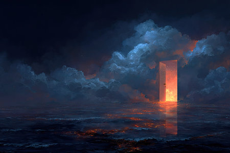 Large, imposing doorway stands amidst dark, turbulent clouds over a body of water. The door glows with an intense, fiery light that casts reflections on the water's surface. The colors are vibrant and dramatic, creating an otherworldly and imaginative scene.の素材
