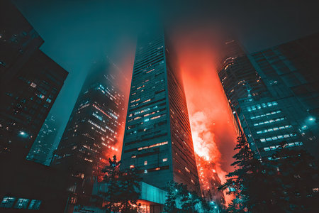 Low-angle, full shot of several modern skyscrapers at night, with a dramatic, fiery color palette surrounding the buildings. The buildings are illuminated with a vibrant mix of colors, giving the scene a striking and energetic visual presence. The fog further enhances the atmospheric and surreal quality of the scene.の素材