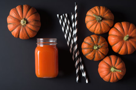 Glass jar of orange juice and several small pumpkins are arranged on a dark background with black and white striped drinking straws.の素材