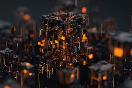 Visually striking and technologically inspired abstract image.  The graphic features a cluster of interconnected cubes in dark shades with bright orange lines/glowing lights that illuminate the arrangement, showcasing a complex and intricate design. The image's deep hues and interconnected elements create a dynamic and futuristic composition.の素材