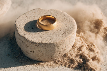 Golden ring sits atop a textured, beige stone pedestal. The pedestal rests on a bed of beige sand, creating a simple, elegant display.  Natural light casts a soft shadow on the pedestal.の素材
