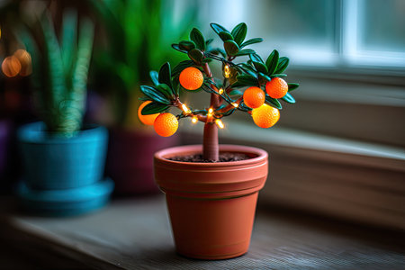 Small decorative citrus tree with orange fruits and string lights, displayed in a terracotta pot. The image focuses on the detailed features of the tree and its presentation.の素材