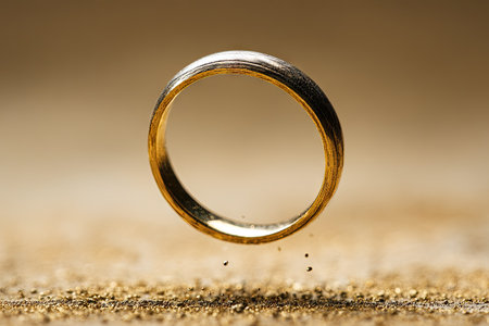 Close-up image of a golden ring suspended above a bed of fine golden glitter. The ring is highlighted by light, emphasizing its intricate details. The background is a muted beige tone, allowing the ring and glitter to stand out.の素材