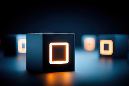 Close-up view of several dark-gray cubes, each showcasing a glowing orange square. The cubes are arranged in a dimly lit, dark-blue background. The image evokes a sense of modern technology and design.の素材