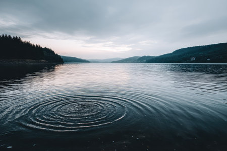 Tranquil lake scene with a calm surface showing ripples created by a disturbance on the water. Dark, silhouetted mountains and a forest line the opposite shore. The sky is overcast with a hint of muted light, casting shadows on the water and landscape. The overall impression is one of peace and quiet.の素材