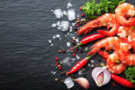 Raw shrimp, herbs, spices, and ice are arranged on a dark slate surface.  The image showcases a variety of seasonings, including chili peppers, garlic, onion, parsley, salt, and peppercorns.の素材