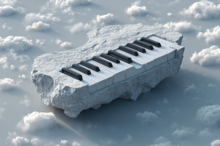 Surreal 3D rendering of a piano keyboard formed from a rock structure, floating in a pale grey sky filled with fluffy white clouds. The design is artistically composed, capturing an abstract and dreamlike quality.  The perspective is elevated, with detailed textures visible in both the rock and the piano keys. Subtle lighting and shadows contribute to the overall aesthetic.の素材