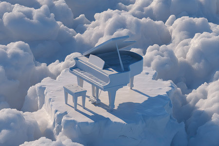 Digital rendering of a grand piano placed on a snowy ice formation, amidst a landscape of soft, sculpted clouds.の素材
