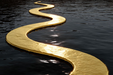 Detailed graphic illustration of a golden path that meanders through dark water, showcasing a beautiful contrast of colors and textures. The path has a winding, flowing design, giving it a sense of dynamism and movement. The water's surface reflects light, adding to the visual appeal and depth of the image.の素材