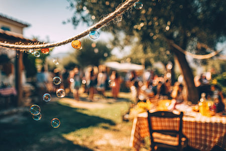 Blurred outdoor party scene in a garden with colorful soap bubbles floating in the air.  A string of colorful glass beads and a rope are also seen in the image.の素材