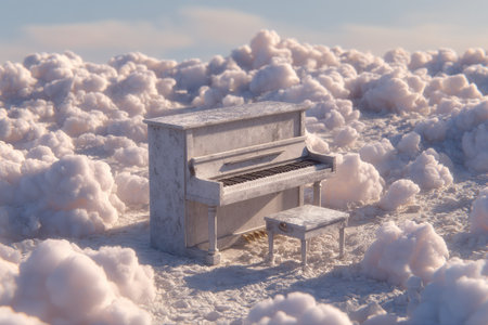 Vintage-style piano is positioned on a field of soft, fluffy clouds. The scene is serene, peaceful, and evokes a sense of tranquility. The piano and its bench are light and muted in color, complementing the light pastel hues of the surrounding clouds. The overall aesthetic is a combination of classic design elements with a whimsical and surreal backdrop.の素材