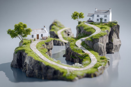 Miniature, 3D digital illustration of two small white houses on separate rocky islands, connected by winding paths, with lush green grass and trees. A body of calm water reflects the islands.の素材