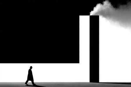 Grayscale image depicting a person walking towards a large, dark factory chimney that is emitting smoke. The overall composition is minimalist, highlighting the contrast between the dark silhouette of the figure and the bright white background. The figure appears to be walking from a section of deep black toward the white area. The factory chimney is highlighted against the white.の素材