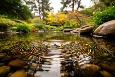 Close-up view of a water feature, exhibiting concentric ripples created by a splash, with a natural garden setting of stones, foliage and trees in the background. The water is shallow, clear, and appears still with reflections of the surrounding environment.の素材