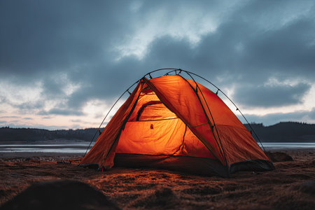 Vibrant orange camping tent is set up on the shoreline of a lake, lit from within. The landscape is tranquil and serene. The sky is filled with dramatic clouds at dusk.の素材