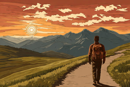 Person with a backpack walks along a dirt path through a grassy meadow towards a mountain range at sunset. The landscape is detailed with layers of hills and mountains, and the sky is filled with warm, orange and red colors, suggesting the time of day.の素材