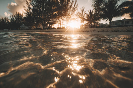 Close-up view of tranquil beach waves at sunset, with golden light reflecting on the water's surface.  The shallow water reveals the sand and texture of the beach. Palm trees and other tropical vegetation are visible in the background.の素材