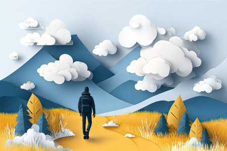 Person is walking along a path in a stylized autumn landscape, featuring mountains, clouds, and other elements created using papercraft techniques.  The scene evokes a sense of serenity and tranquility.の素材