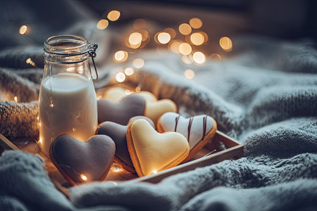 Heart-shaped cookies with icing in shades of gray and yellow, placed on a wooden tray beside a glass bottle of milk.  A soft grey knitted blanket forms the background.  String lights create a warm, inviting glow.の素材