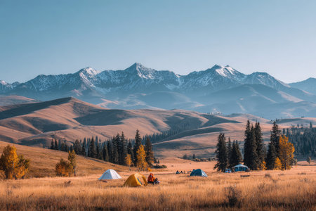 Picturesque autumnal vista of a valley nestled beneath snow-capped mountains.  Several camping tents are set up in a grassy meadow, bathed in the golden light of a serene morning.  The landscape is filled with rolling hills and a dense forest of pine trees, creating a tranquil and breathtaking scene.の素材