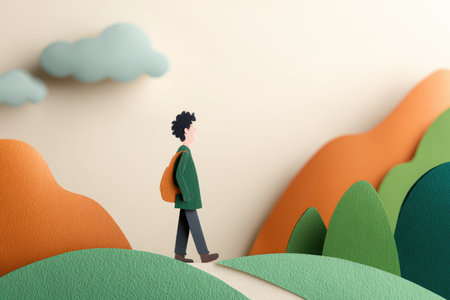 Colorful paper cut illustration of a person hiking through a landscape. The scene features hills, clouds, and a figure of a person with a backpack walking along a path.  The colors are soft and muted, creating a peaceful and whimsical atmosphere.  The overall style is minimalist and simple.の素材