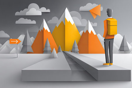 Digital illustration of a person standing on a path, looking out at a stylized landscape with mountains, trees, and clouds. The style is reminiscent of origami or paper craft, using geometric shapes and bold colors.の素材