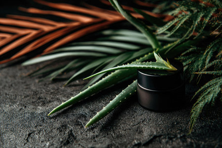 Dark-toned image features several aloe vera leaves, positioned on a dark stone surface. A dark-colored cosmetic container is situated amongst the leaves, highlighting the natural and healthy aspects of the image. The overall style is minimalist, modern, and trendy. The focus is on the high-quality detail of the leaves and container.の素材