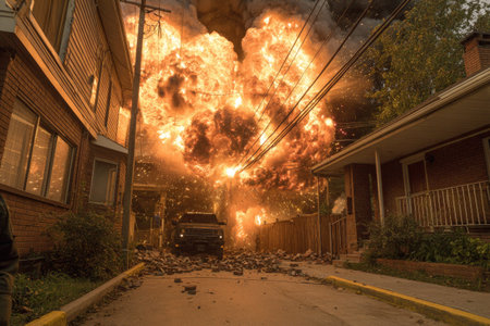 Powerful explosion has rocked a residential street, causing significant damage to houses and utility poles.  Debris and smoke fill the air, as the aftermath of the blast is captured in this dramatic scene.の素材