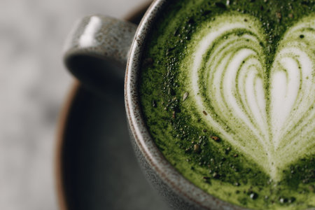 Close-up view of a matcha latte in a gray ceramic mug.  A heart design is created in the creamy froth atop the drink.  The texture of the matcha powder and the frothy milk are visible.の素材