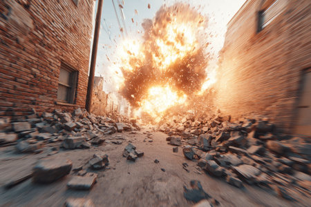 Large explosion in a narrow city street, causing significant damage to buildings and surrounding structures.  Debris flies through the air, propelled by the force of the blast.  The image is captured from a low-angle perspective, giving the viewer a sense of being in the midst of the destruction.の素材