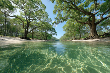 Tranquil river flows through a lush, green tropical forest. The water is crystal-clear, allowing a view of the sandy bottom.  Large trees overhang the riverbank, casting dappled shade on the water.の素材