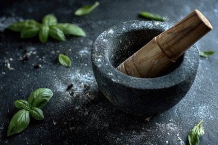 Dark stone mortar and pestle, filled with flour, and surrounded by fresh basil leaves and black peppercorns.  A wooden pestle is placed inside.  The surface is dark gray stone.の素材