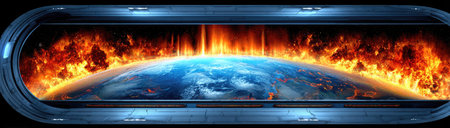Futuristic view of Earth engulfed in flames seen through a spaceship portal.の素材