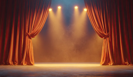 Empty stage with red velvet curtains and dramatic spotlighting.の素材