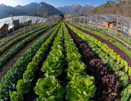 Rows of fresh lettuce and other greens are cultivated in a large outdoor field.の素材