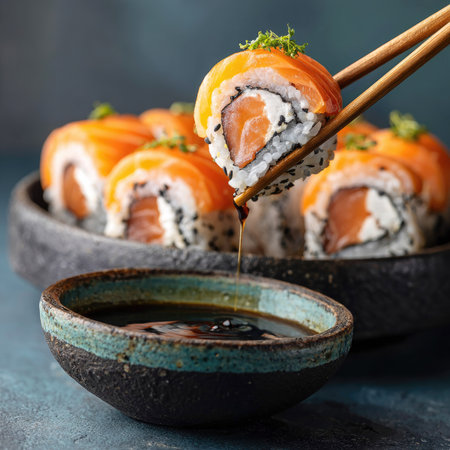 A sushi roll with salmon and cream cheese is dipped into soy sauce.の素材