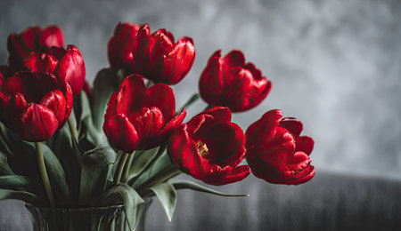 A vibrant bouquet of red tulips is presented in a clear vase indoors.の素材