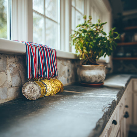 A group of medals hangs on a windowsill, symbolizing achievement.の素材