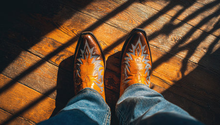 Detailed cowboy boots stand on polished wooden floorboards with patterned sunlight.の素材