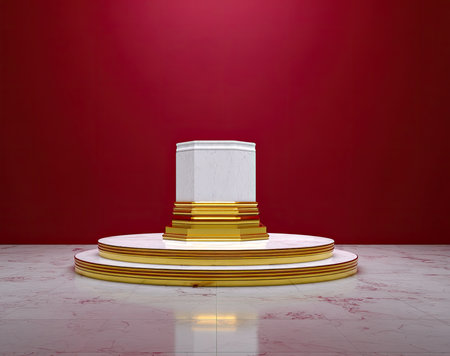 An empty, elegant display pedestal with marble and gold details.の素材
