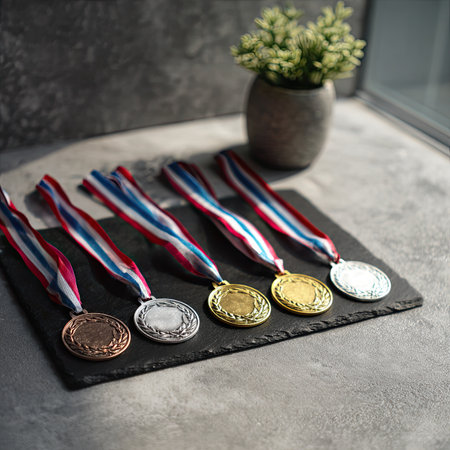 Five medals of varying metals with colorful ribbons are displayed.の素材