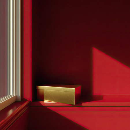 A gold box sits on a red surface with dramatic shadows and light.の素材