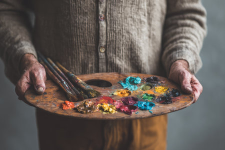 Close-up of a person holding a wooden painting palette filled with various colors of paint and paintbrushes. The palette and brushes show signs of use and age.の素材