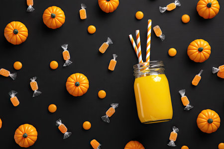 Vibrant arrangement of orange-colored candies, small pumpkins, and a glass jar of drink, all set against a black backdrop.  The elements are arranged in a repeating pattern, creating a visually appealing composition.  The overall impression is of a festive and fun presentation.の素材