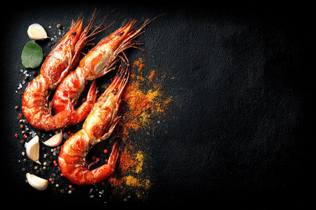 Three roasted prawns are arranged on a dark textured surface, surrounded by various spices, herbs, and seasonings, such as garlic, peppercorns, and a scattering of vibrant colorful spices. A bay leaf is also visible. The image showcases a high-angle, close-up view, emphasizing the details of the food and the texture of the ingredients.の素材