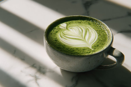 Close-up view of a matcha latte in a gray ceramic cup.の素材