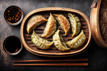 High-angle, close-up view of several  steamed dumplings arranged within a traditional bamboo steamer basket.  Small bowls of dark soy-based sauce are placed beside the steamer.  Wooden chopsticks are also visible in the image.の素材