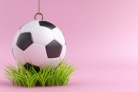 3D rendered image of a soccer ball set against a soft pink background. The ball is positioned atop a small patch of green grass.の素材