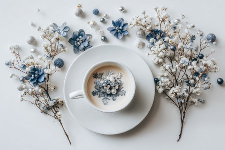Top-down view of a sophisticated winter-themed arrangement.  A white coffee cup filled with coffee and decorated with decorative elements, including winter-like ornaments, and flowers in light blue, are surrounded by small white and light blue flowers. Small silver beads and decorative items are scattered around the cup and plate.の素材