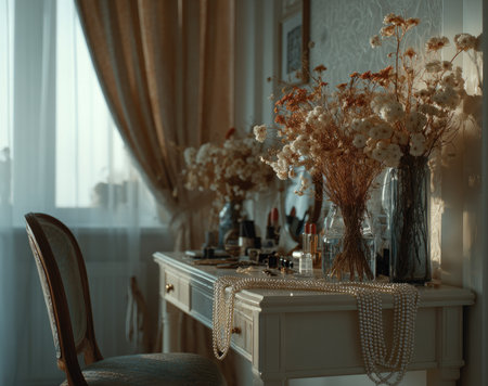 An elegant dressing table with flowers, makeup, and pearl necklaces.の素材